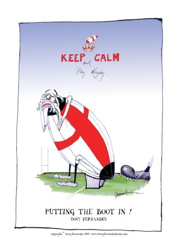 Putting the Boot In by Tony Fernandes - England Test Rugby Cartoon signed print